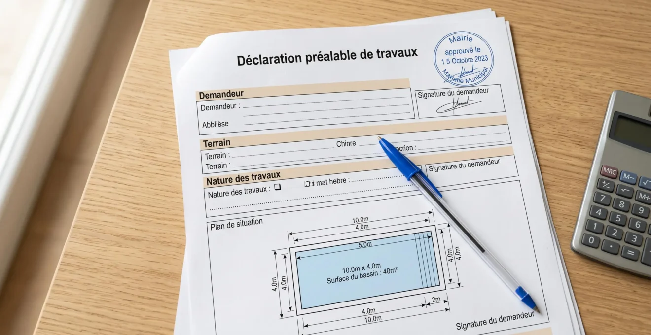 Formulaire de déclaration préalable de travaux pour piscine posé sur bureau en bois, plan architectural avec dimensions du bassin visible en dessous, tampon d'approbation de la mairie, stylo bleu et calculatrice