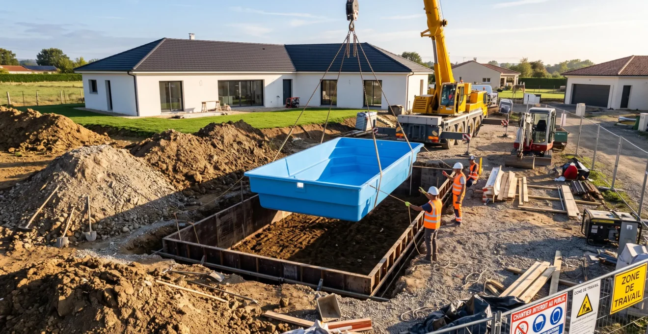 Grue déposant une piscine à coque polyester bleue dans une excavation rectangulaire de jardin, deux ouvriers en gilets orange guidant la manœuvre, maison pavillonnaire blanche en arrière-plan