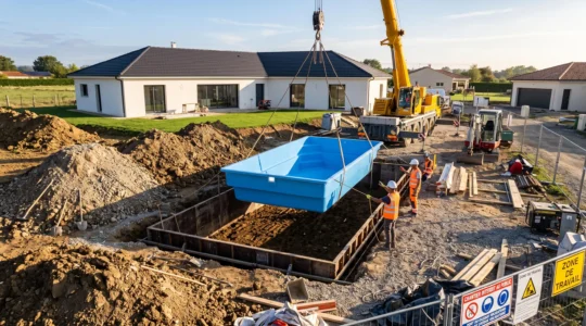 Grue déposant une piscine à coque polyester bleue dans une excavation rectangulaire de jardin, deux ouvriers en gilets orange guidant la manœuvre, maison pavillonnaire blanche en arrière-plan