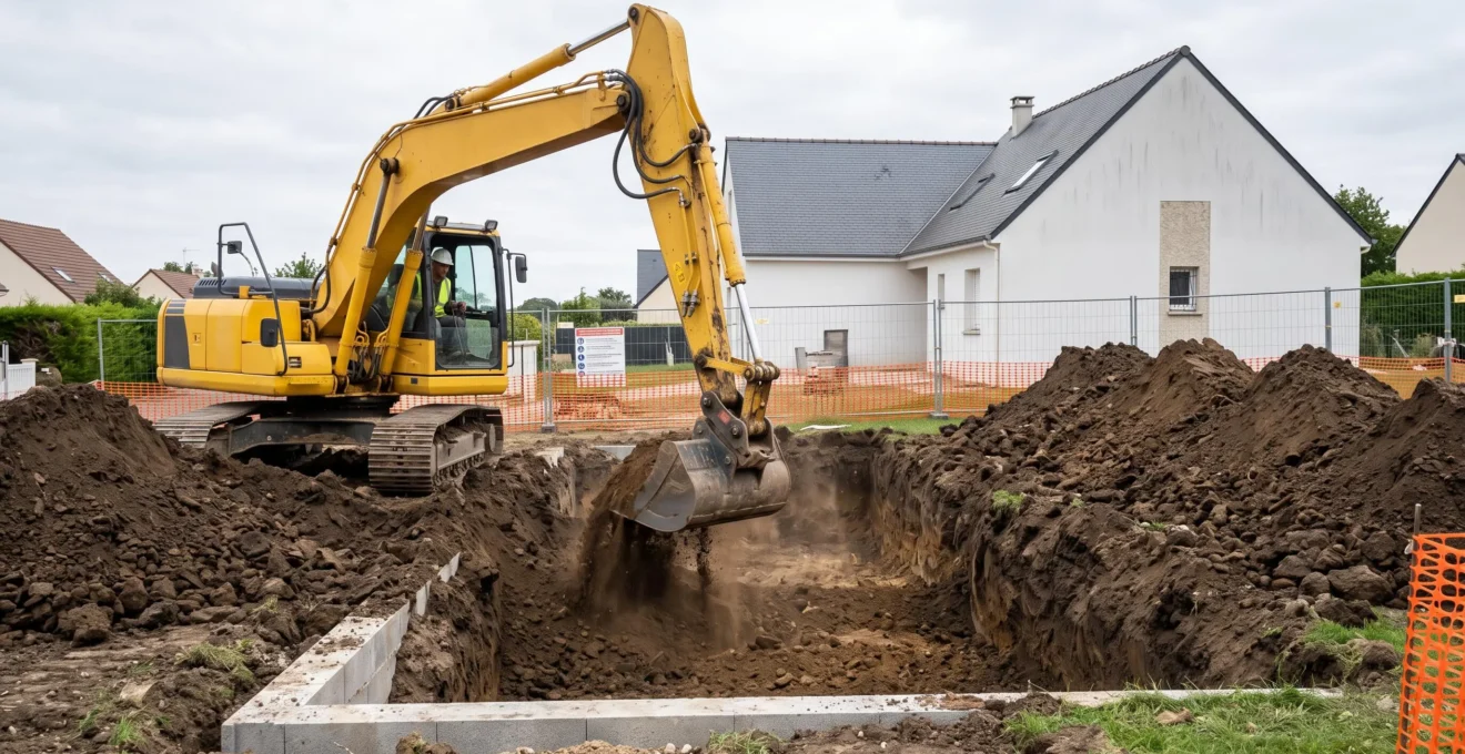 Pelleteuse jaune creusant une large excavation rectangulaire dans un jardin résidentiel, importants tas de terre brune excavée de chaque côté, maison blanche en arrière-plan