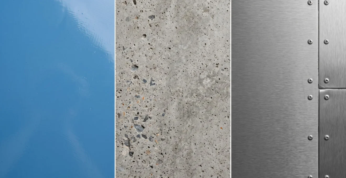 Vue rapprochée comparative de trois échantillons de surfaces de piscine côte à côte : gelcoat polyester bleu lisse à gauche, béton brut avec granulats apparents au centre, panneau acier modulaire gris avec rivets à droite