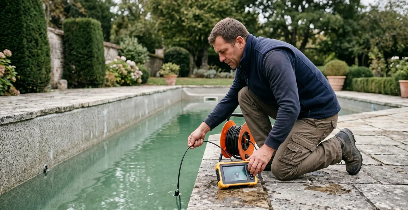 Un technicien passe une caméra d'inspection le long du liner de la piscine.