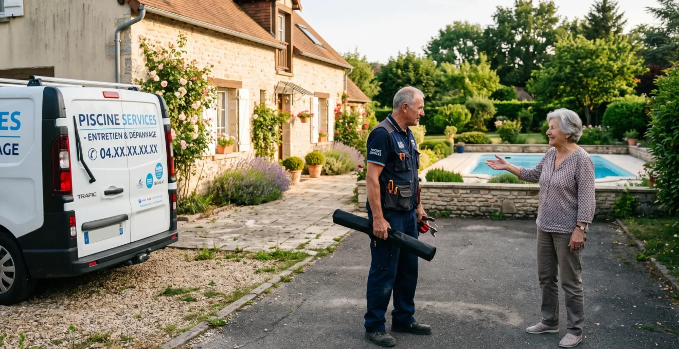 Un technicien de piscine discute avec un propriétaire devant sa maison.