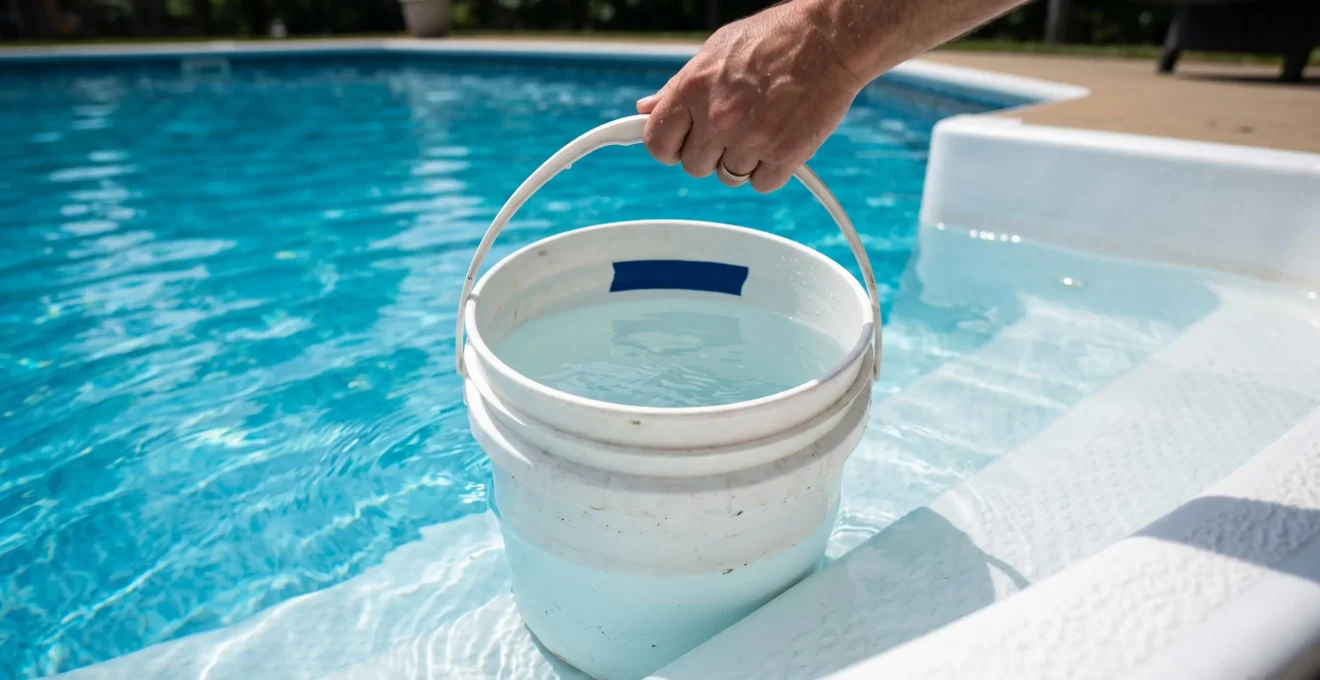 Un seau d'eau posé sur une marche de piscine pour un test d'évaporation.